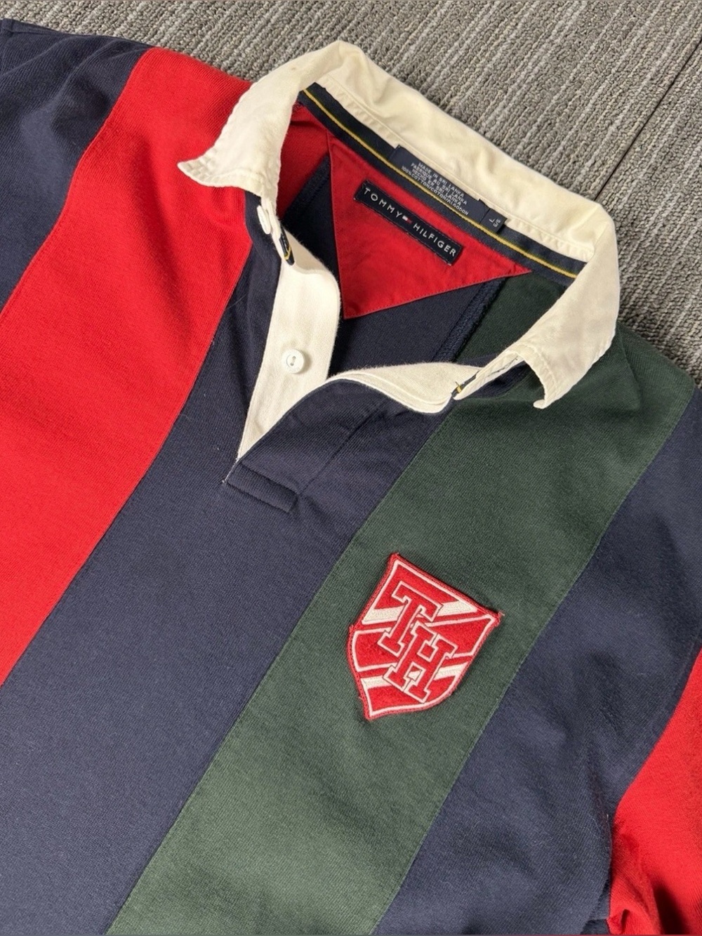 Tommy Hilfiger Men’s Rugby Stripe Polo - Navy, Red & Green large Y2K 1218